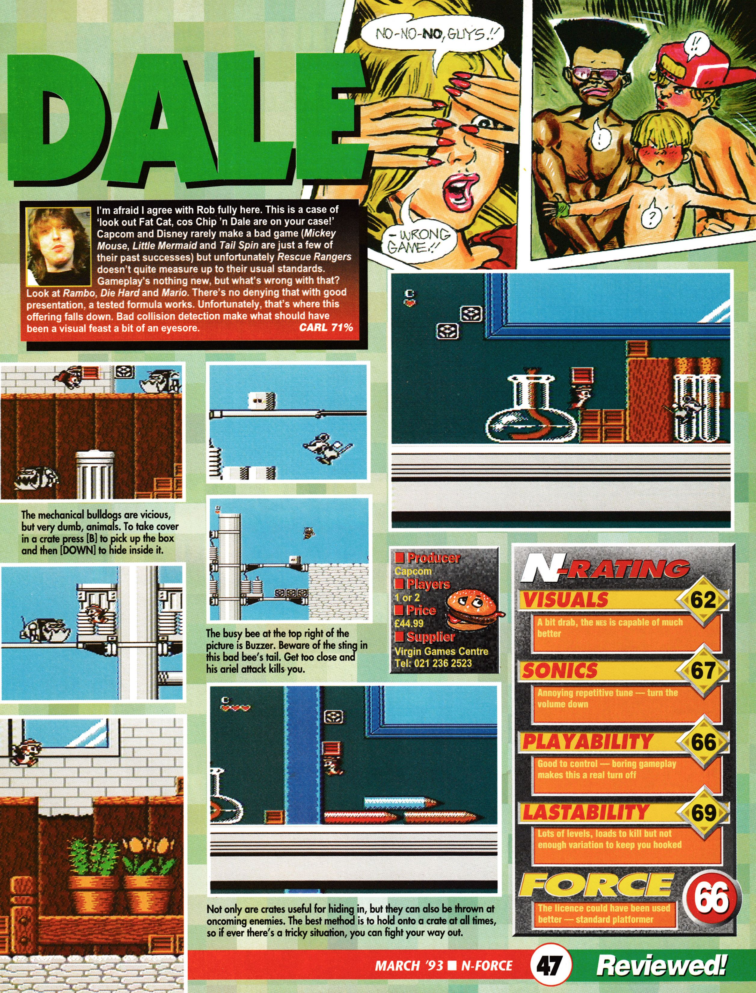 Review for Chip 'N Dale Rescue Rangers on NES. Taken from N-Force 9 - March 1993 (UK)  score: 66%