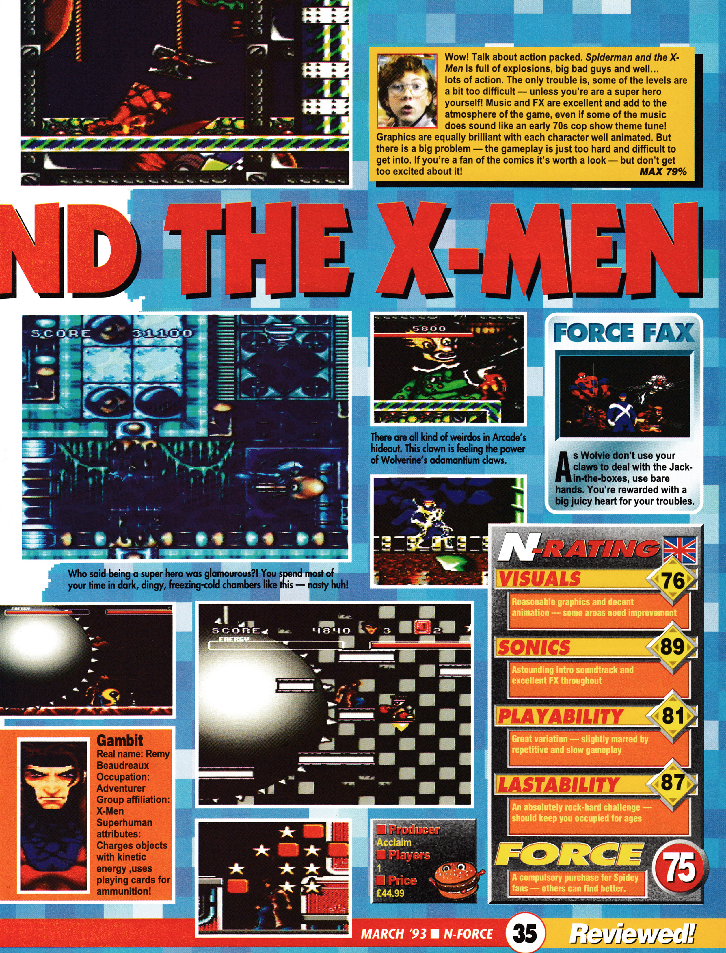 Review for Spider-Man and the X-Men on SNES. Taken from N-Force 9 - March 1993 (UK)  score: 75%