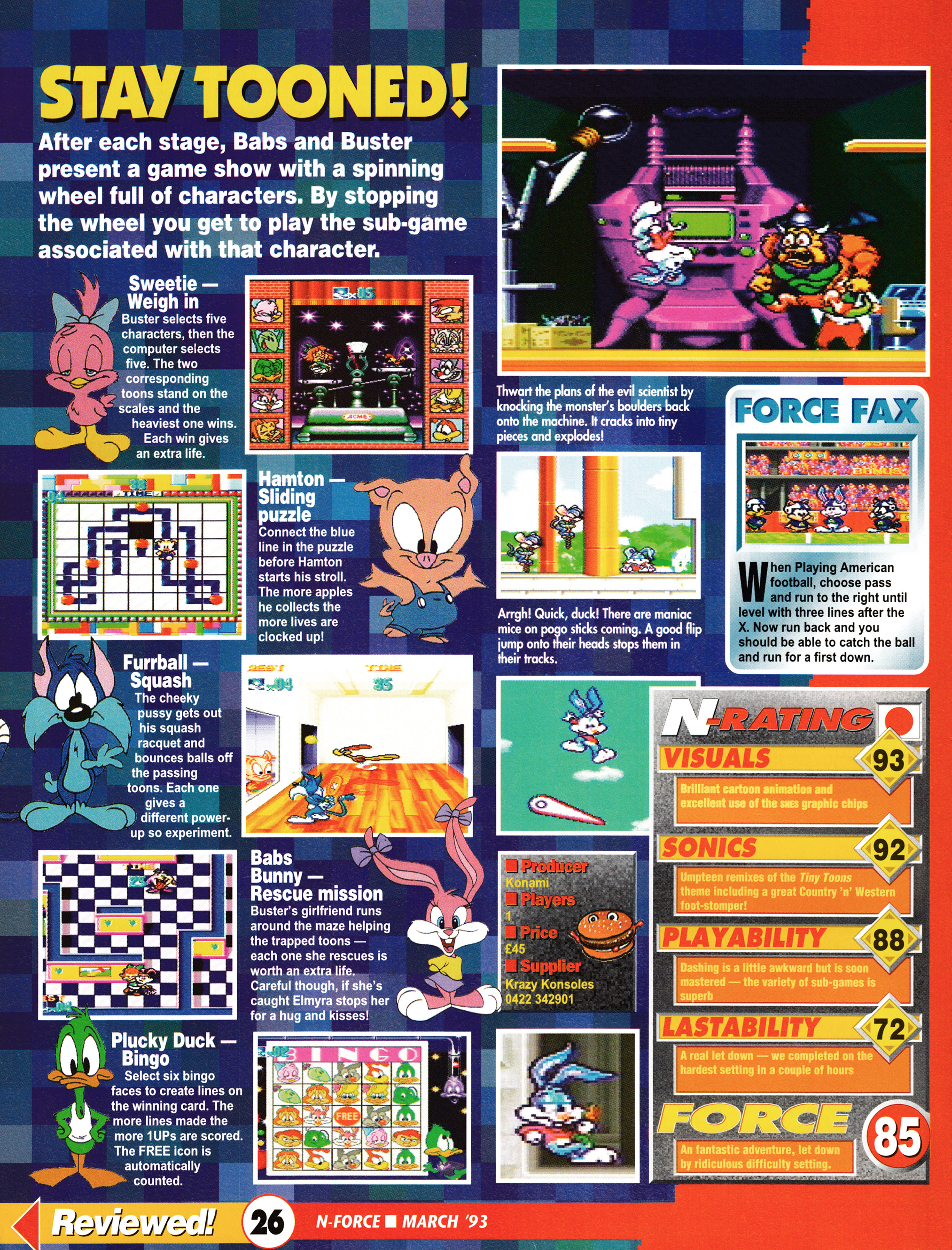 Review for Tiny Toons Adventures on SNES. Taken from N-Force 9 - March 1993 (UK)  score: 85%