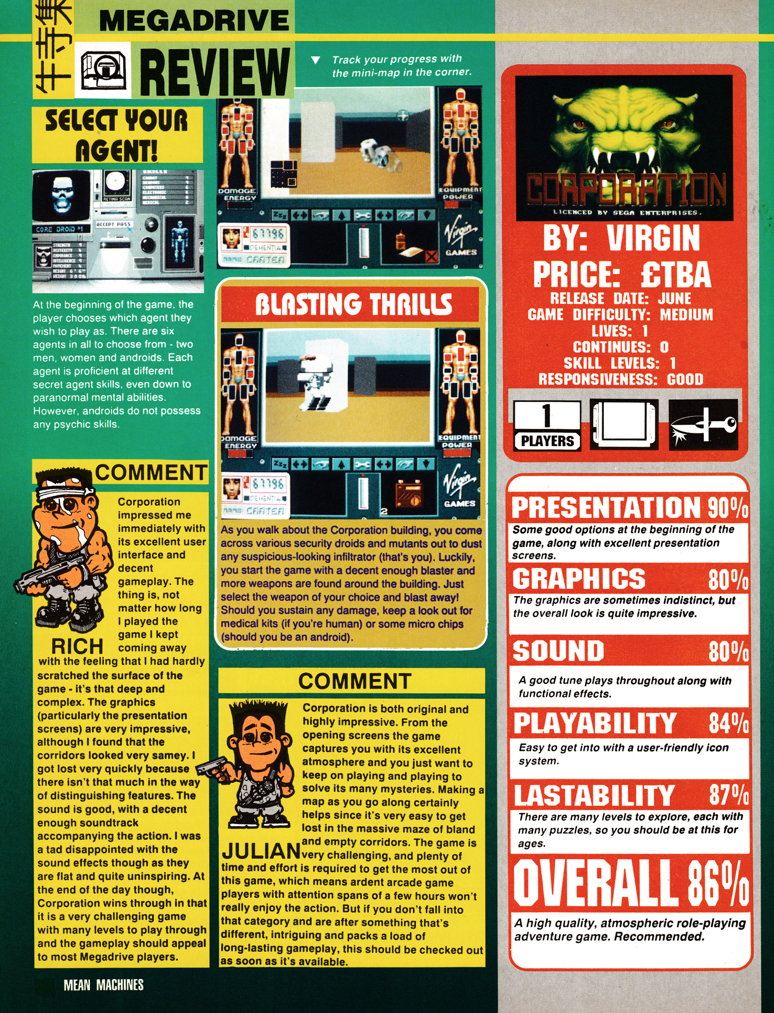 Review for Corporation on Mega Drive. Taken from Mean Machines 20 - May 1992 (UK)  score: 86%