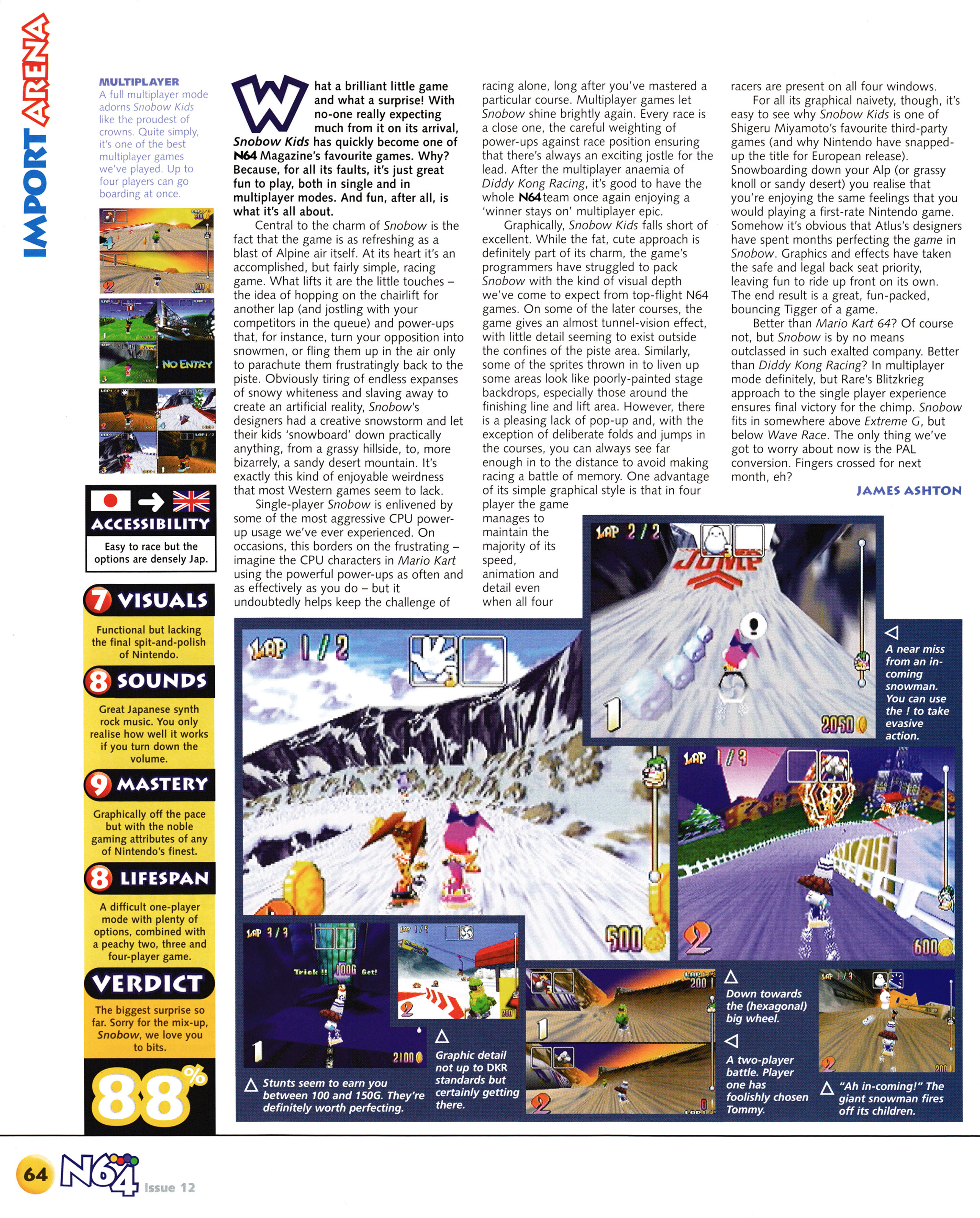 Review for Snowboard Kids on Nintendo 64 from N64 Magazine 12 - February 1998 (UK)  score: 88%