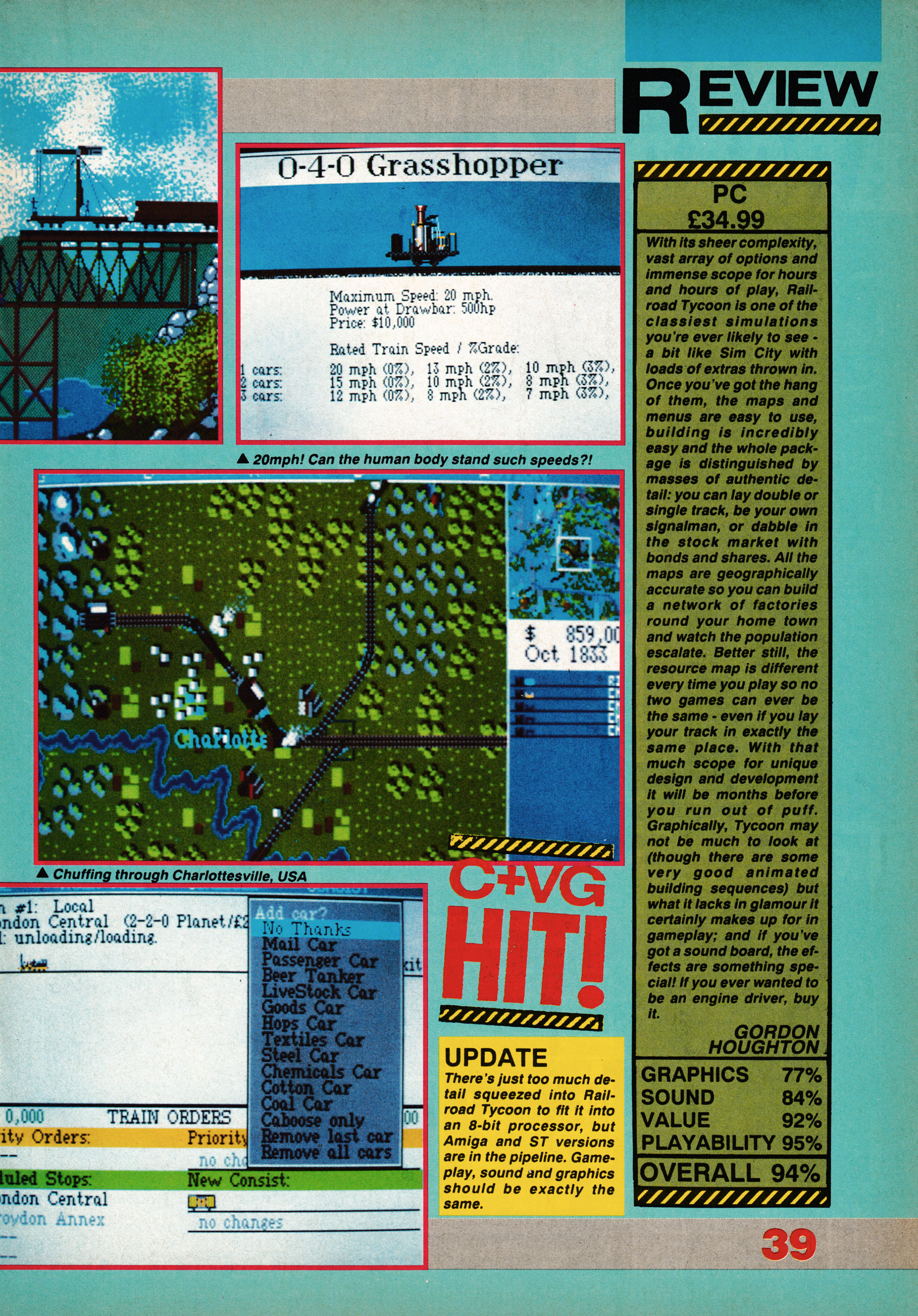 Review for Rail Road Tycoon on PC. Taken from CVG 104 - July 1990 (UK)   score: 94%