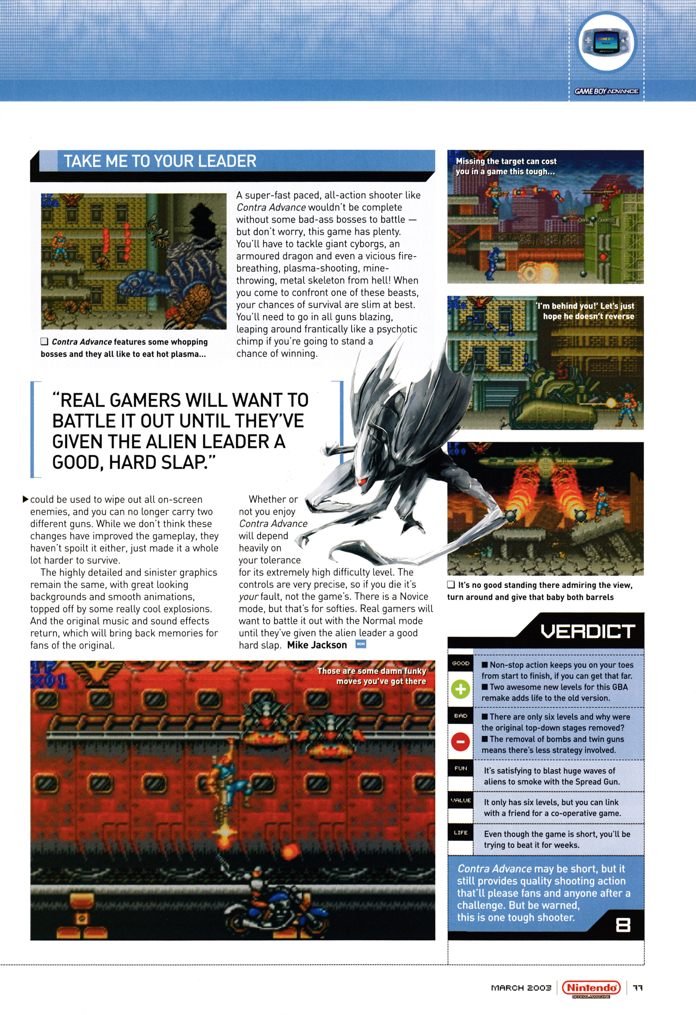 Review for Contra Advance The Alien Wars EX on Game Boy Advance from Nintendo Official Magazine 126 - March 2003 (UK)  score: 8/10