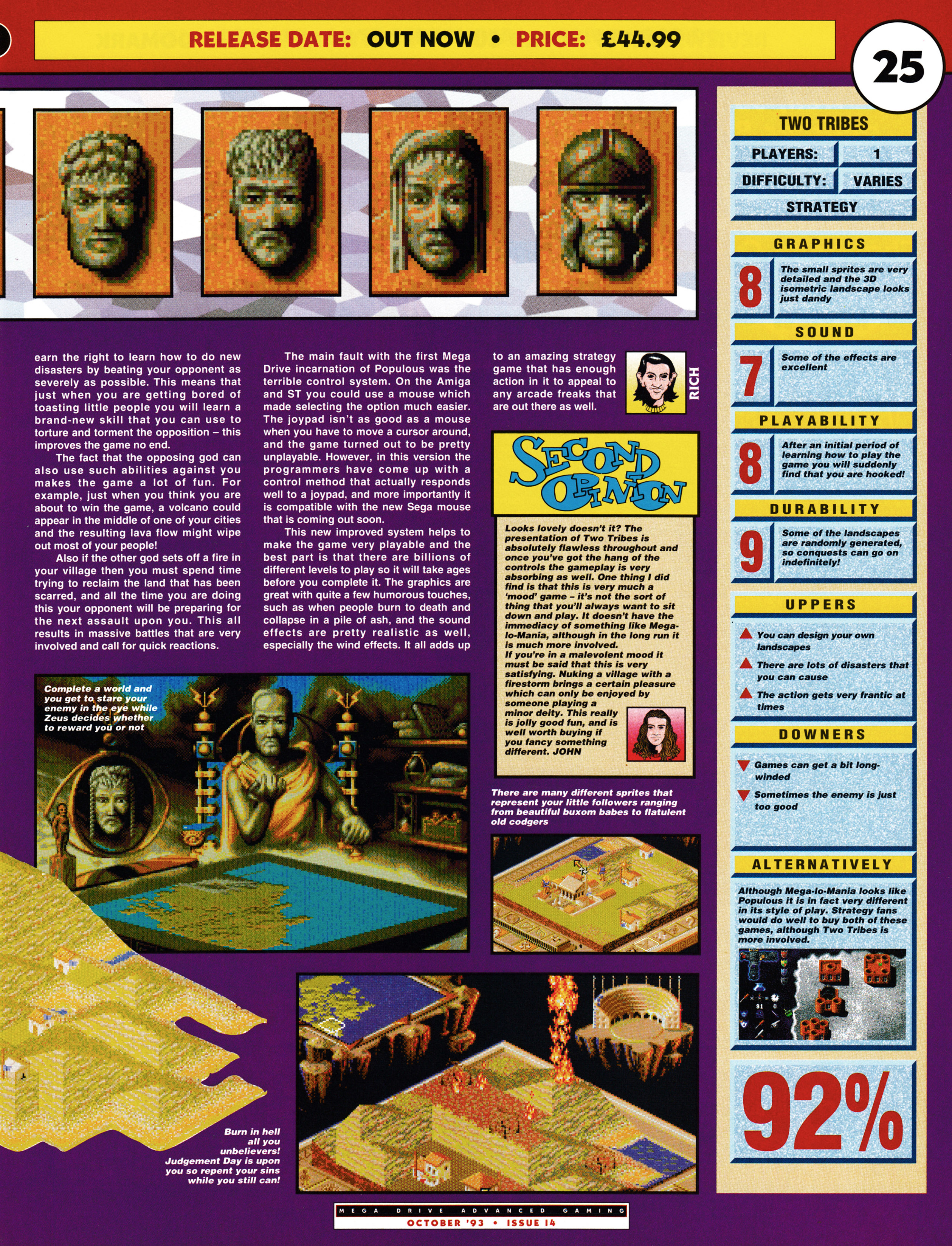 Review for Two Tribes Populous II on Mega Drive from Mega Drive Advanced Gaming 14 - October 1993 (UK)  Score: 92%