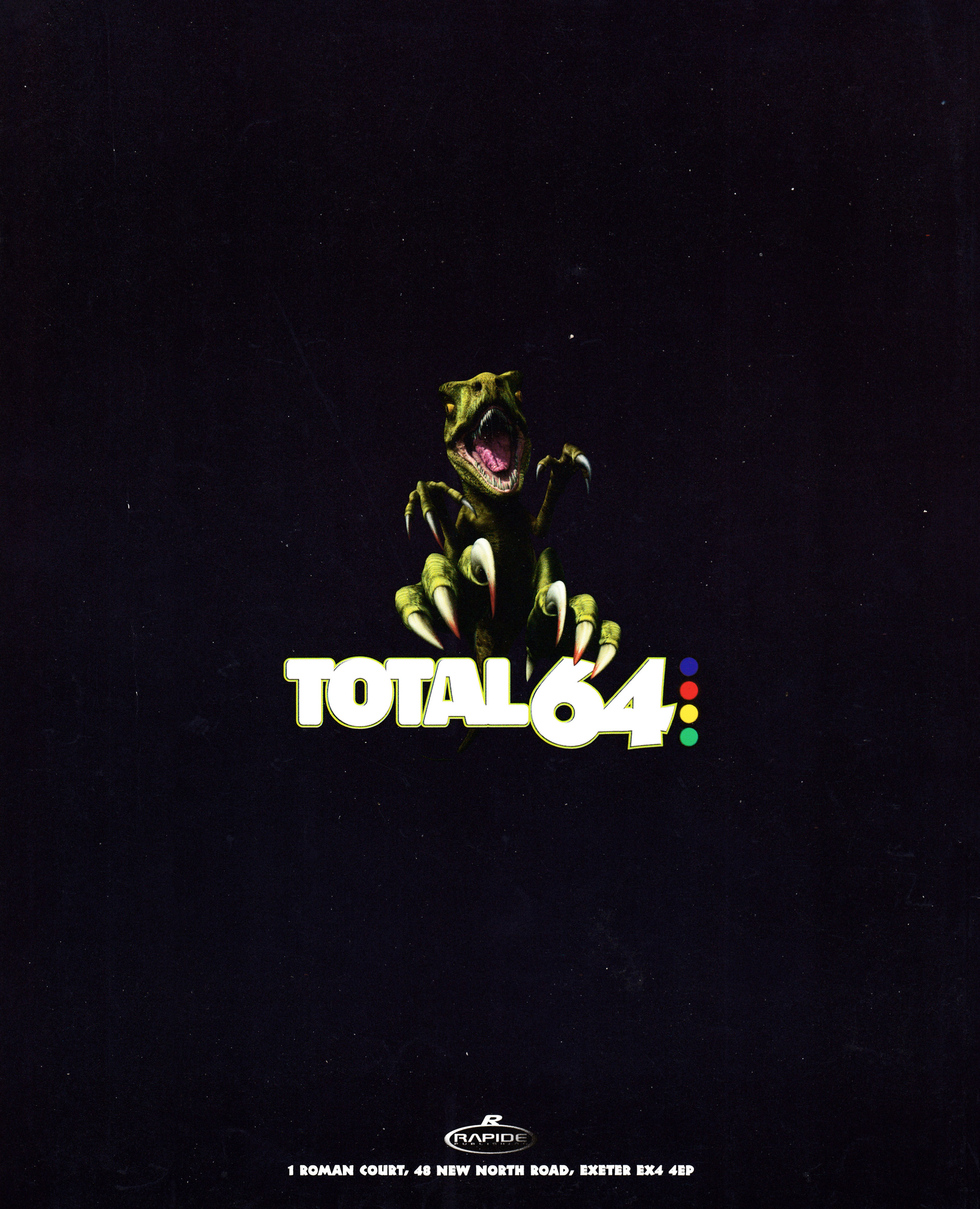 Back cover for Total 64 No.16 Volume 2 Issue 4 - June 1998 (UK), featuring a black page with the total 64 logo in the centre and a raptor from Turok 2 jumping out from behind it