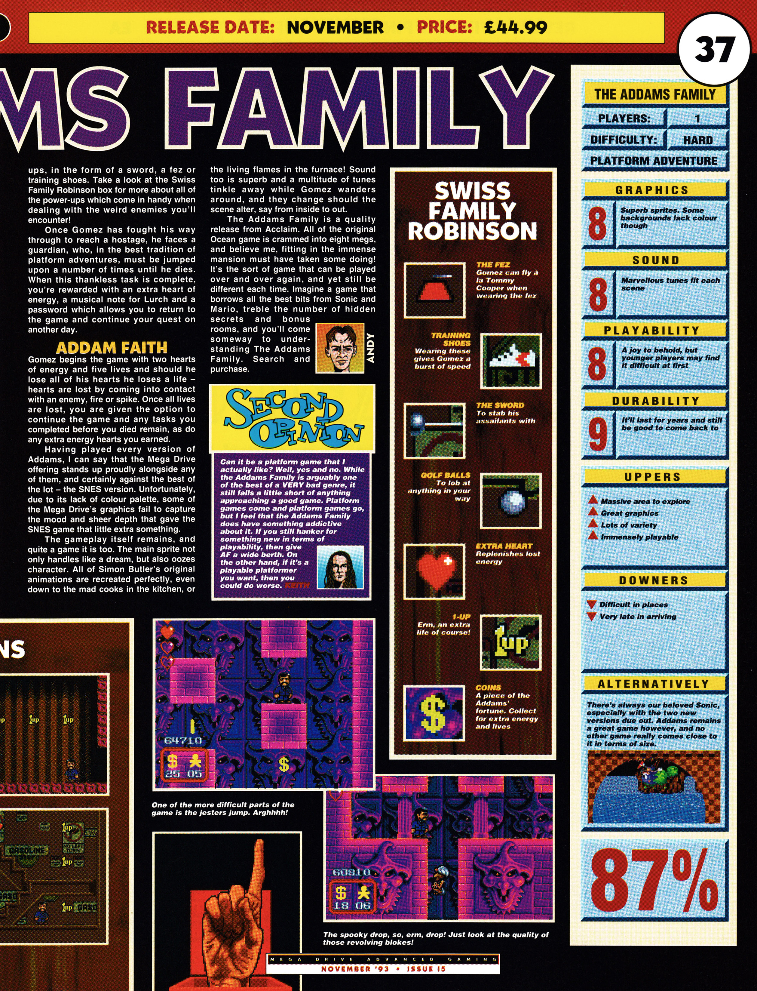 Review for The Addams Family on Mega Drive from Mega Drive Advanced Gaming 15 - November 1993 (UK)  score: 87%