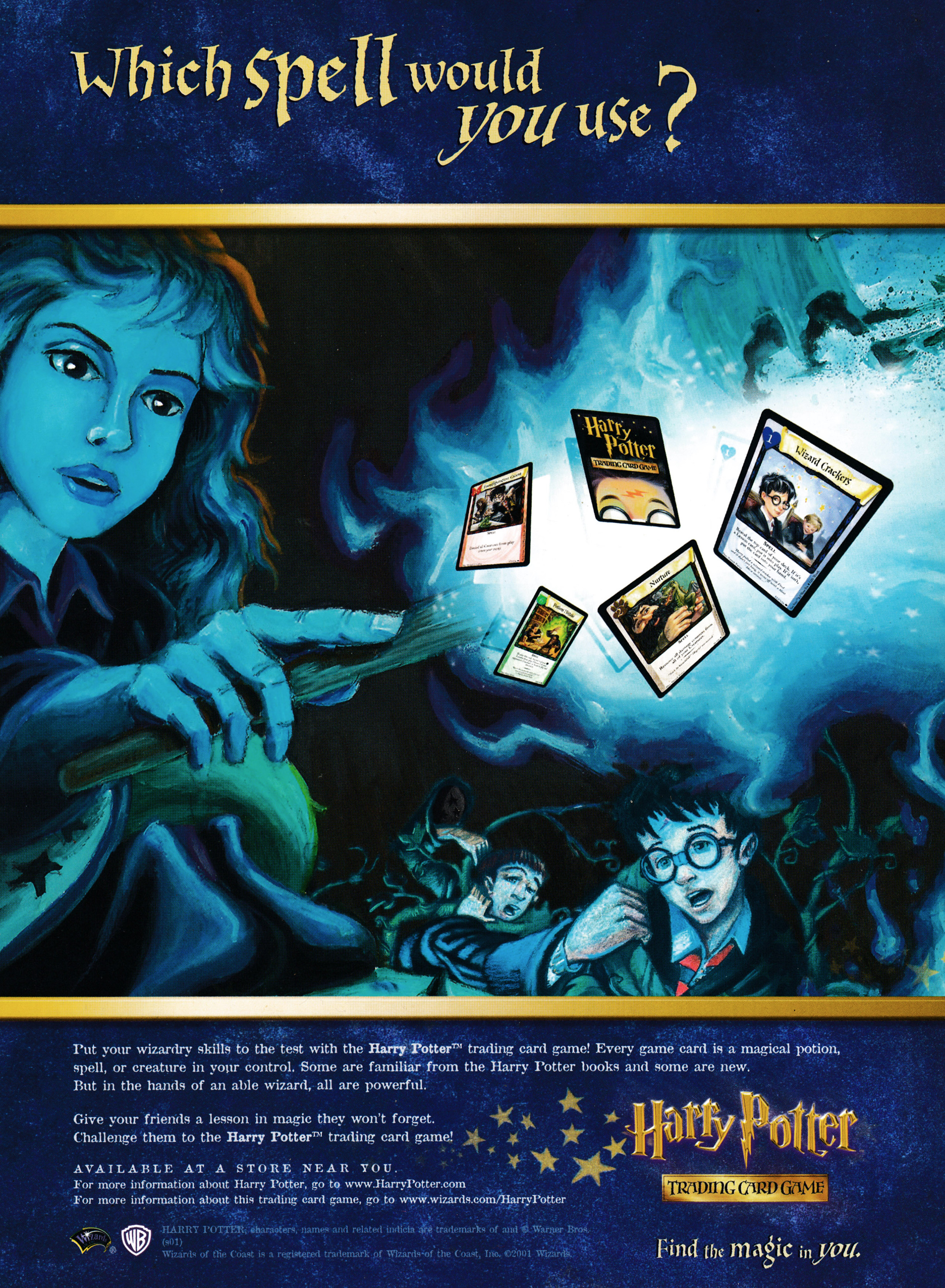 Back cover for GamesMaster 112 - October 2001 (UK), featuring an advertisement for the Harry Potter trading card game 