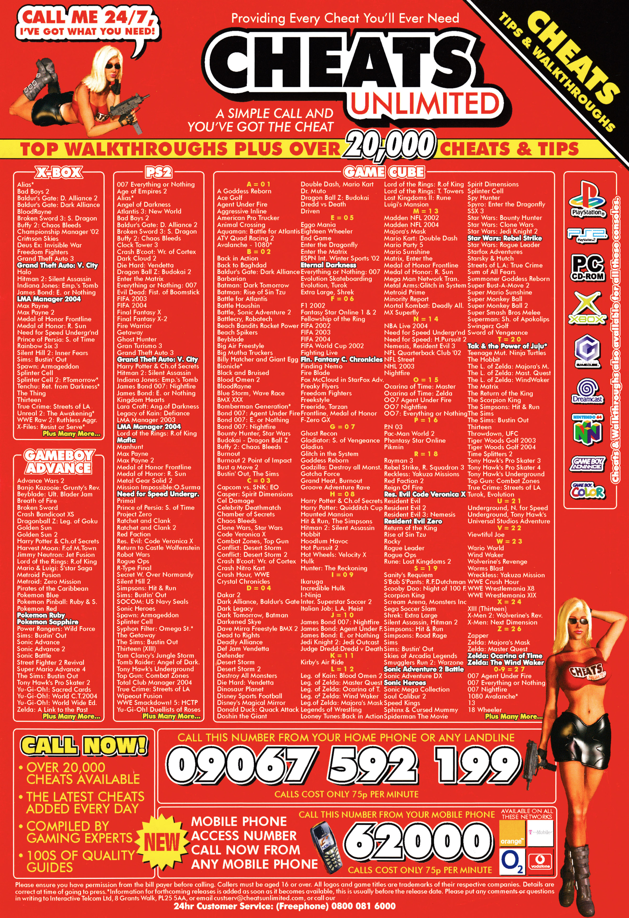 Back cover for Nintendo Official Magazine 140 - May 2004 (UK), featuring an advertisement for Cheats Unlimited, a hotline to get game cheats