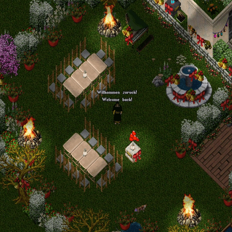 Ein Screenshot von Ultima Online und EM Lyraa, die die Spieler mit einem herzlichen "Willkommen zurück!" begrüßt