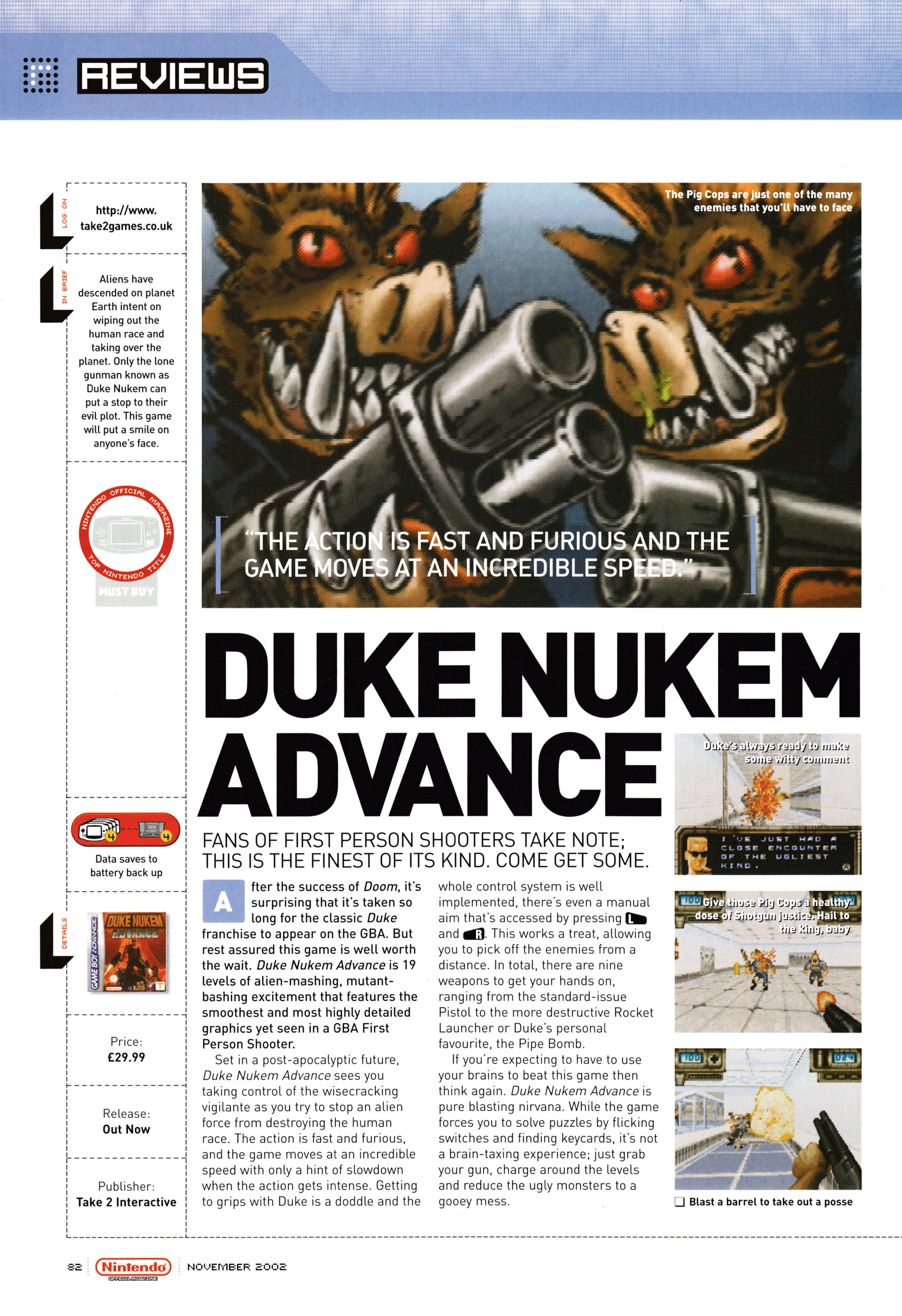 Review for Duke Nukem Advance on Game Boy Advance from Nintendo Official Magazine 122 - November 2002 (UK)  score: 9/10