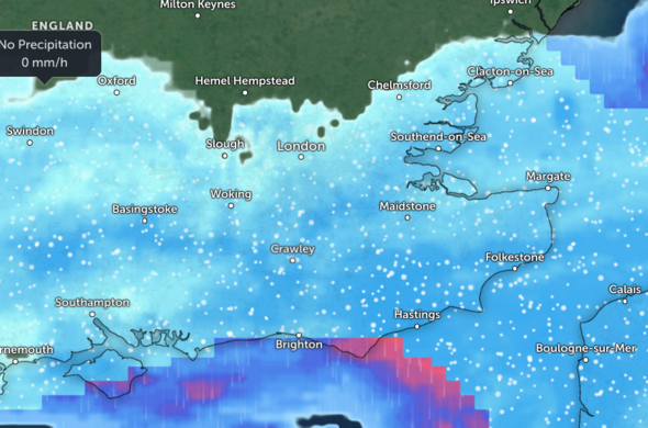 A radar image showing snow over majority the south-east of the United Kingdom.