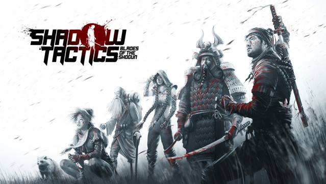 Das Banner von Shadow Tactics: Blades of the Shogun, auf dem eine Gruppe Ninjas und Samurai zu sehen ist.