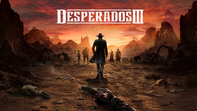 Das Banner von Desperados 3, auf dem eine Gruppe Cowboys und Revolverhelden zu sehen ist.