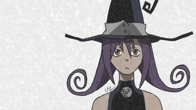 Digital illustration of the character Blair from Soul Eater. Just a simple forward facing headshot. It's done with a "crayon" brush giving it a unique texture. A paper texture has also been applied to the canvas. 