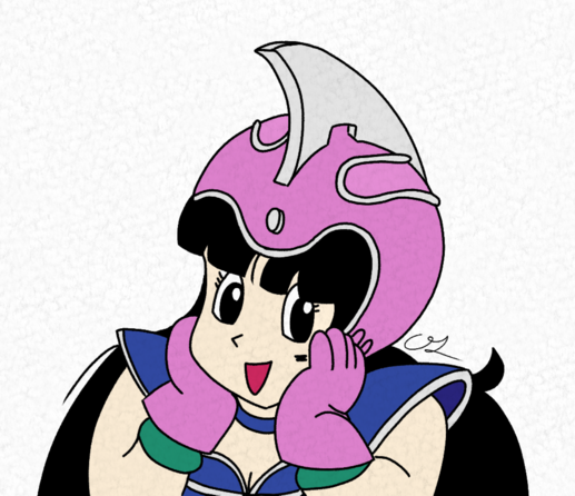 Digital illustration of the character Chi-Chi as she is depicted in the early seasons of Dragon Ball, wearing pink helmet and gloves with a set of blue... armour? She has her hands on her face in an expression of happy shock or just trying to be cute?