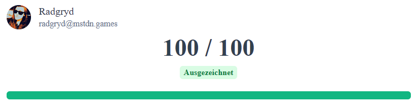 A snippet of a screenshot of the Mastodon Account Checker website. Radgryd / @Radgryd@mstdn.games scores 100/100 points, and the result Excellent.