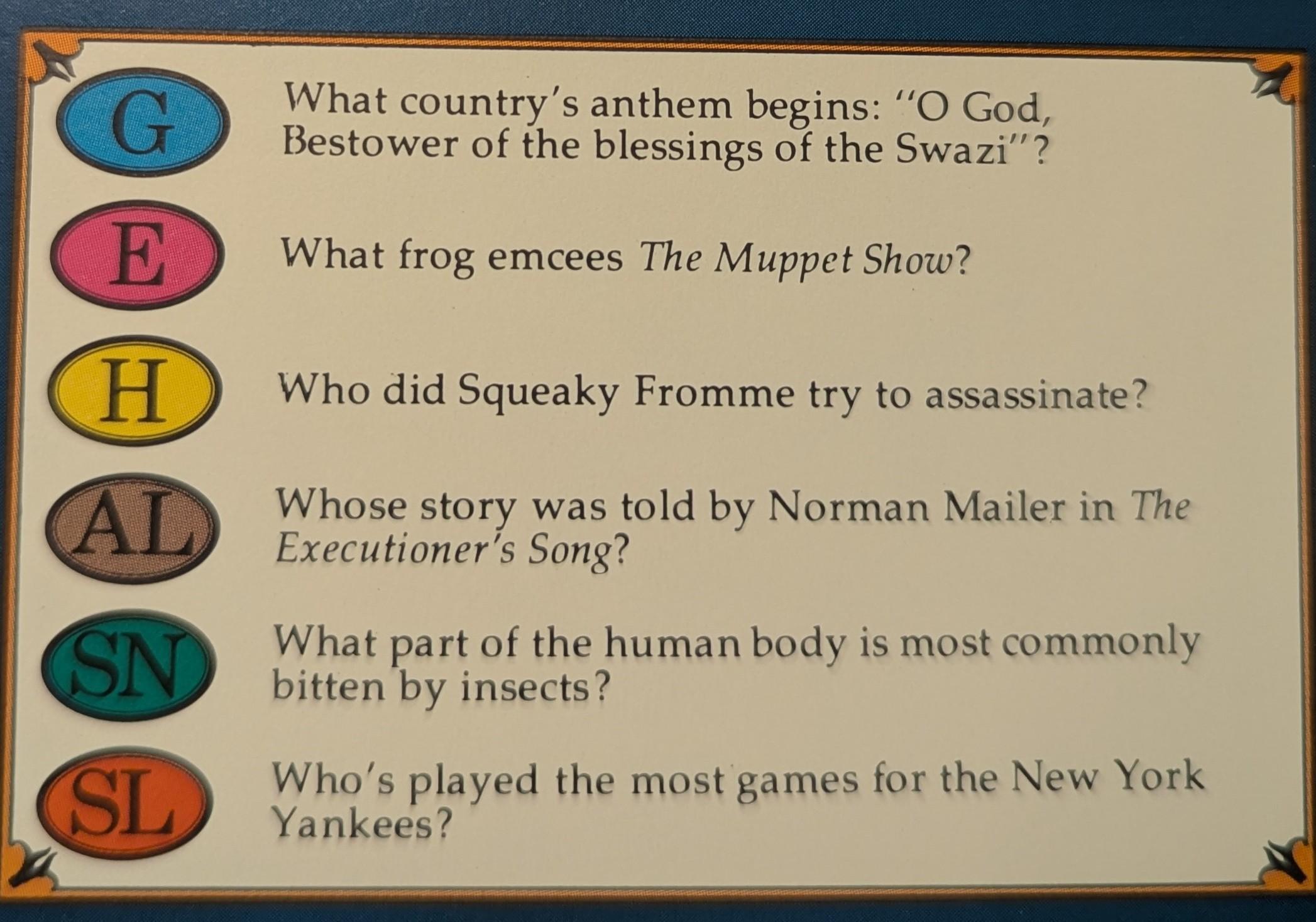 G

What country's anthem begins: "O God, Bestower of the blessings of the Swazi"?

E

What frog emcees The Muppet Show?

H

Who did Squeaky Fromme try to assassinate?

AL

Whose story was told by Norman Mailer in The Executioner's Song?

SN

What part of the human body is most commonly bitten by insects?

SL

Who's played the most games for the New York Yankees?