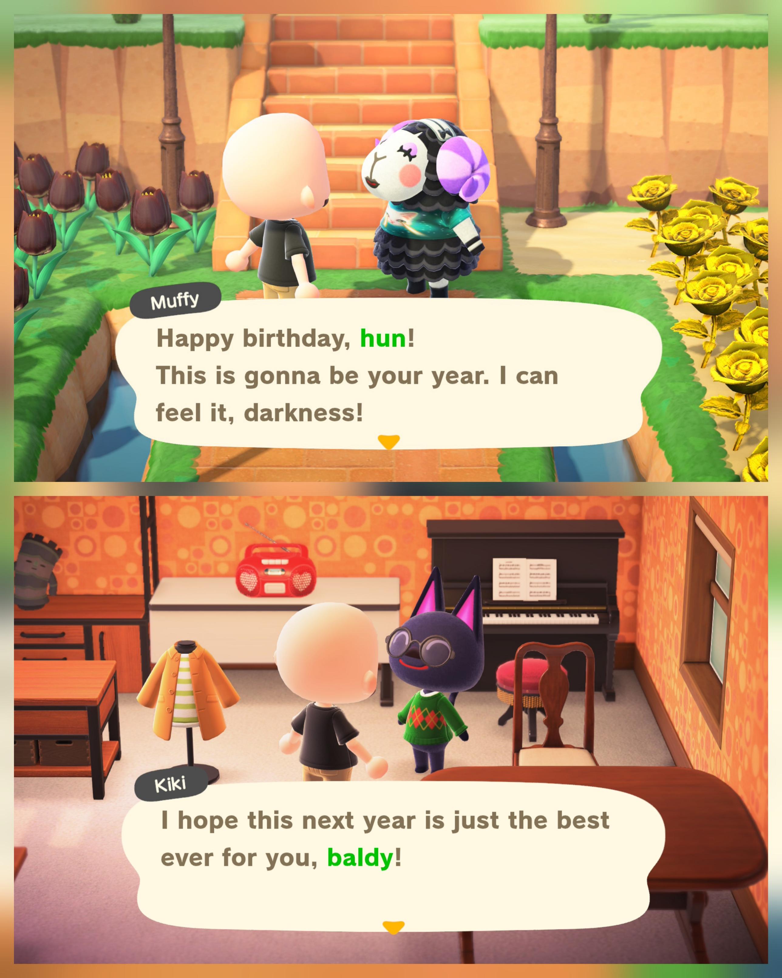 A collage of two Animal Crossing: New Horizons screenshots stacked vertically. Each of them have a villager talking to a bald, light skinned human wearing a black t-shirt who is seen from behind. The upper image is set outdoors surrounded by flowers near a brick staircase with Muffy saying, "Happy birthday, hun! This is gonna be your year, I can feel it, darkness!" The lower image is set inside Kiki's house with her saying, "I hope this next year is just the best ever for you, baldy!"