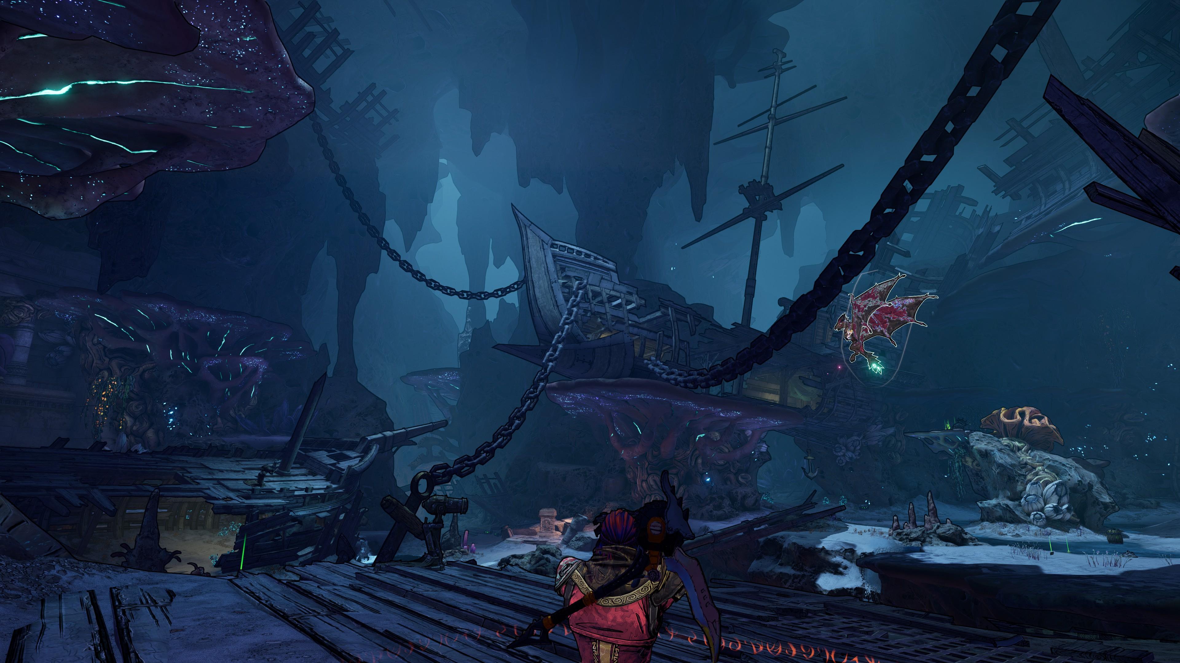 Screenshot from Tiny Tina's Wonderlands. We're underground in an ethereal cavern with gigantic mushrooms off to the side. In the middle is a ghostly pirate ship with 3 anchored chains connected to it.