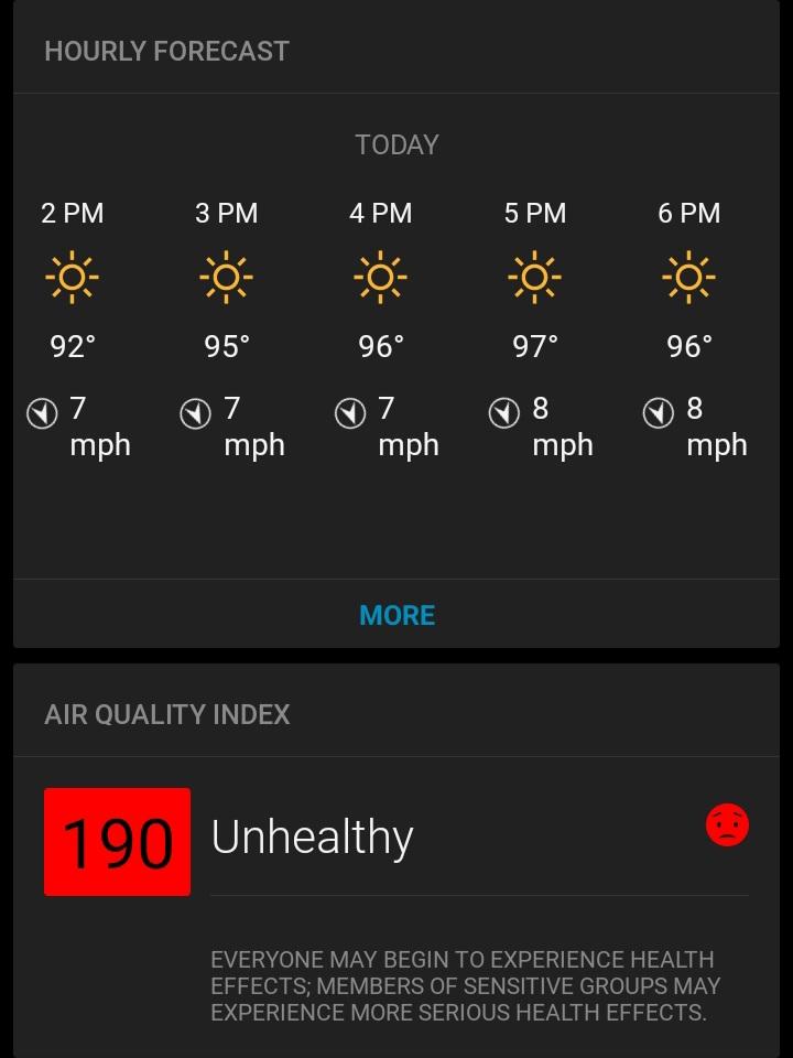 A screenshot from a weather app, showing an AQI of 190, labeled "unhealthy," emphasized with a bright red box around the numeral 190. Above, a table lists upcoming afternoon temperatures peaking at 97F by 5pm, all under bright sun.
